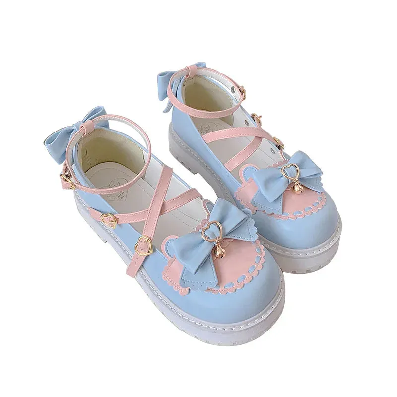 Sohiwoo Sweet Girls Lolita Sweet Bowknots Platform Shoes,Students Kawaii Small Bell Heart Shaped Straps Flat Elevator Mary Janes