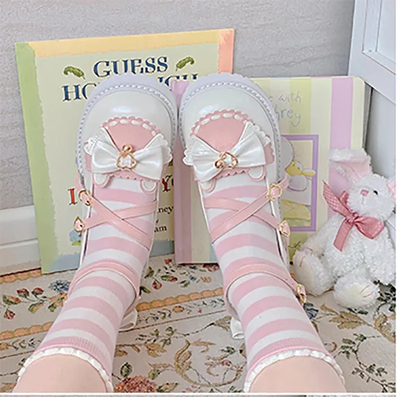 Sohiwoo Sweet Girls Lolita Sweet Bowknots Platform Shoes,Students Kawaii Small Bell Heart Shaped Straps Flat Elevator Mary Janes