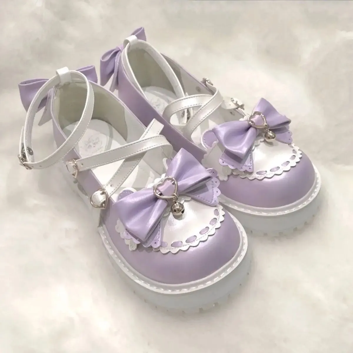 Sohiwoo Sweet Girls Lolita Sweet Bowknots Platform Shoes,Students Kawaii Small Bell Heart Shaped Straps Flat Elevator Mary Janes