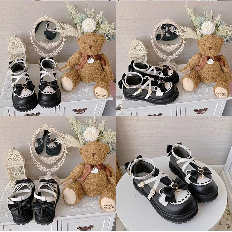 Sohiwoo Sweet Girls Lolita Sweet Bowknots Platform Shoes,Students Kawaii Small Bell Heart Shaped Straps Flat Elevator Mary Janes