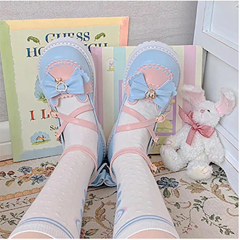 Sohiwoo Sweet Girls Lolita Sweet Bowknots Platform Shoes,Students Kawaii Small Bell Heart Shaped Straps Flat Elevator Mary Janes