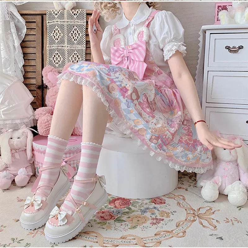 Sohiwoo Sweet Girls Lolita Sweet Bowknots Platform Shoes,Students Kawaii Small Bell Heart Shaped Straps Flat Elevator Mary Janes