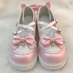 Sohiwoo Sweet Girls Lolita Sweet Bowknots Platform Shoes,Students Kawaii Small Bell Heart Shaped Straps Flat Elevator Mary Janes