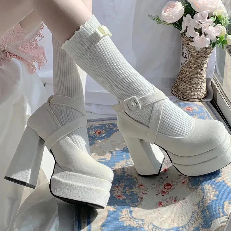 Sohiwoo White High Heels Mary Jane Lolita Shoes Women 2024 Y2K Chunky Platform Thick Heeled Pumps Woman Diy Ankle Straps Cosplay Shoes