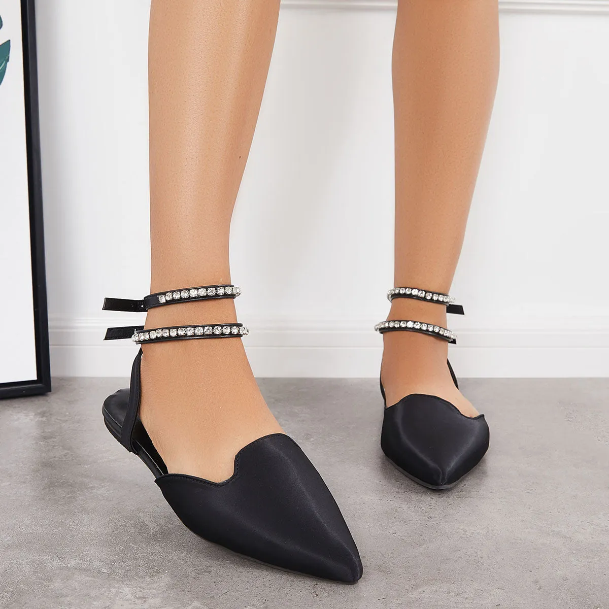 Sohiwoo woman formal Shiny Pointed Toe Rhinestone Chains Ankle Strap Slingback Flats