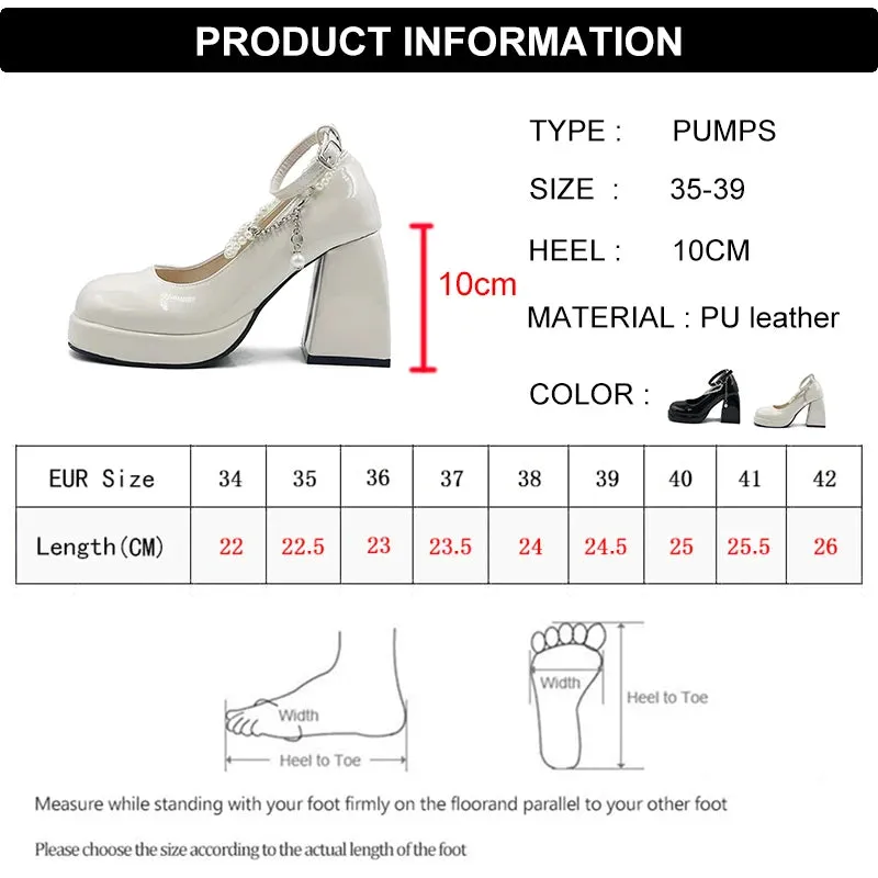 Sohiwoo Y2K Chunky Platform High Heels Pumps Women 2024 Summer Patent Leather Black White Lolita Shoes Woman Pearl Ankle Straps Pumps