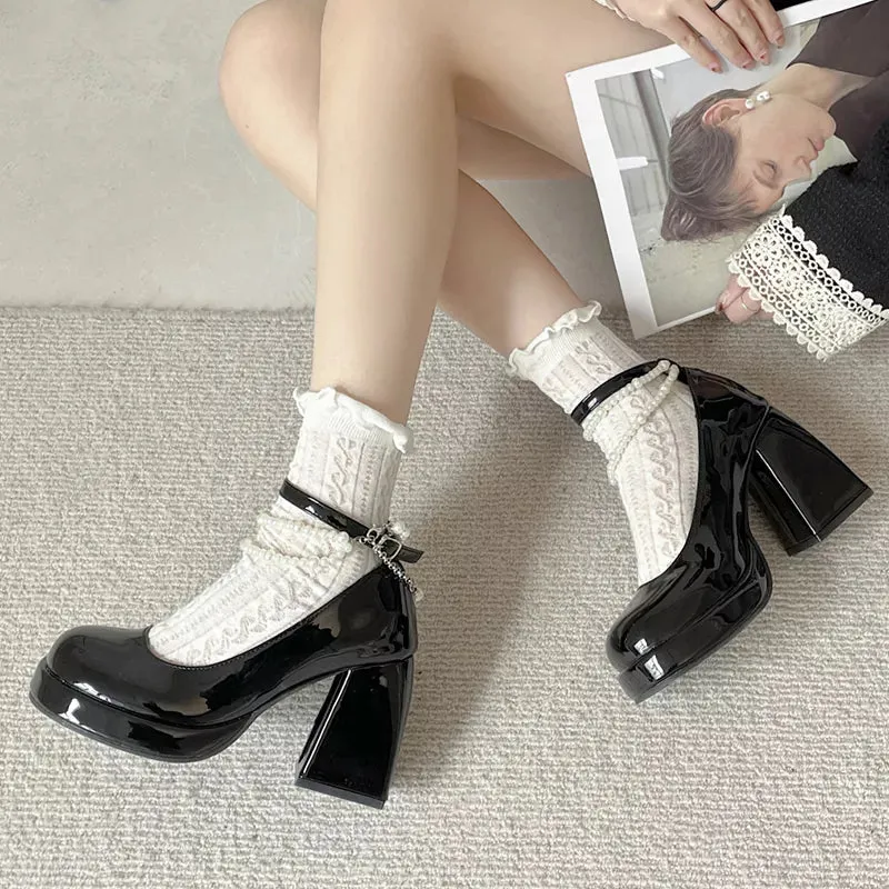 Sohiwoo Y2K Chunky Platform High Heels Pumps Women 2024 Summer Patent Leather Black White Lolita Shoes Woman Pearl Ankle Straps Pumps