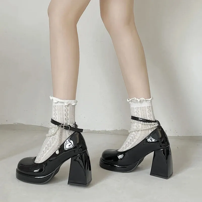 Sohiwoo Y2K Chunky Platform High Heels Pumps Women 2024 Summer Patent Leather Black White Lolita Shoes Woman Pearl Ankle Straps Pumps