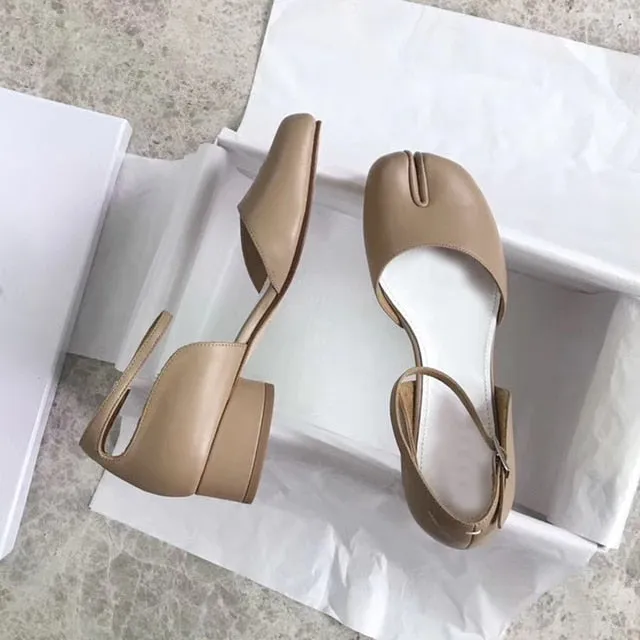 Spring summer Mary Janes shoes mid Heel split Toe shallow mouth genuine Leather ankle strap sandals Women dress shoes runway