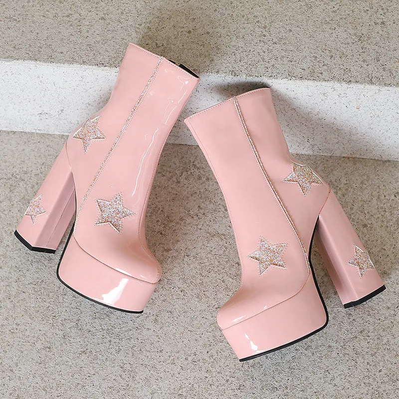 Star Motif Glam Boots Block Heel