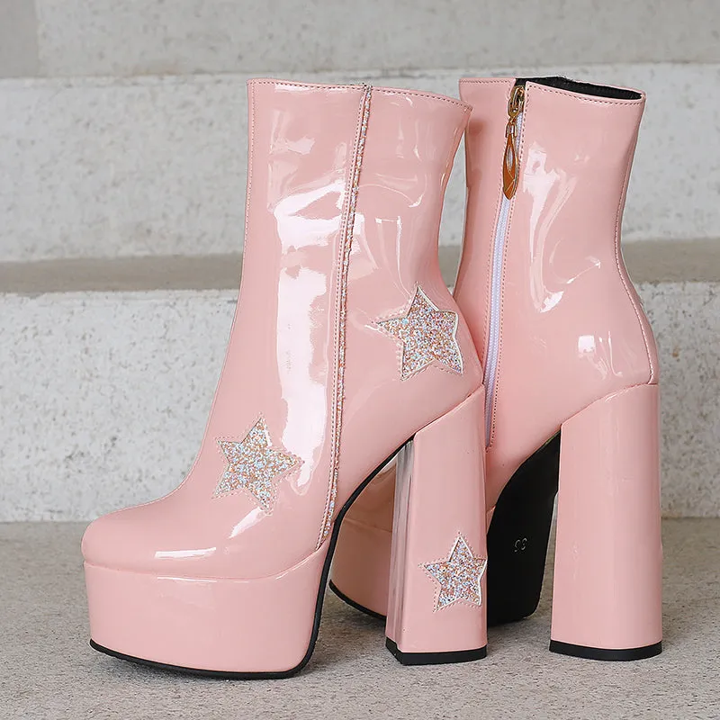 Star Motif Glam Boots Block Heel