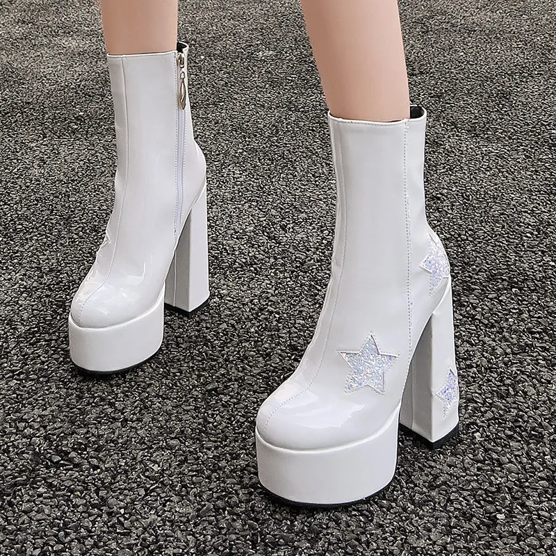 Star Motif Glam Boots Block Heel