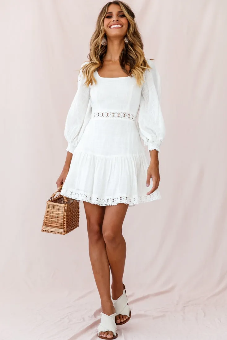 Sweetheart Corset-Back Lantern Sleeve Dress White