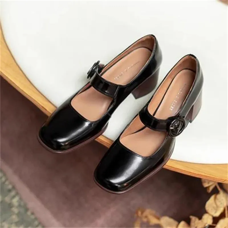 TAVIMART  -  Belts Buckle Shoes for Women Round Toes Mary Janes Ladies Churry High Heels Solid Chassure Femme Patent Leather Tacones Pumps