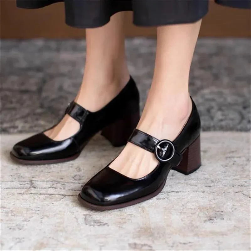 TAVIMART  -  Belts Buckle Shoes for Women Round Toes Mary Janes Ladies Churry High Heels Solid Chassure Femme Patent Leather Tacones Pumps