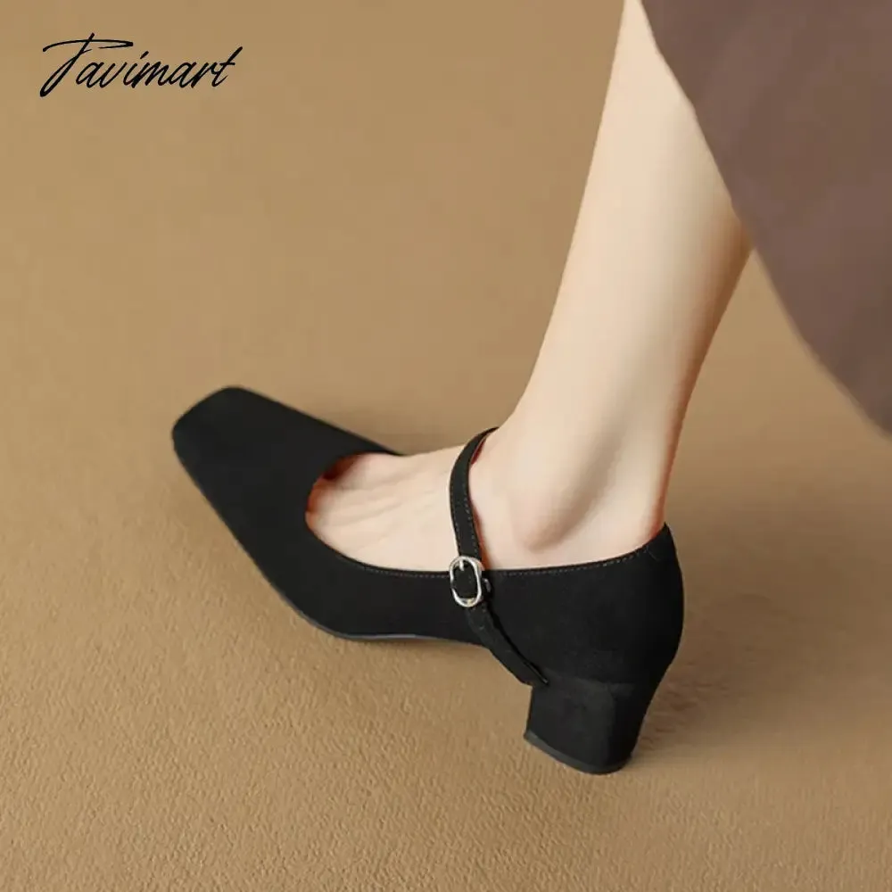 TAVIMART  NEW Spring/Autumn Women Pumps Sheep Suede Leather Shoes for Women Square Toe Chunky Heel Women Shoes Black High Heel Mary Janes