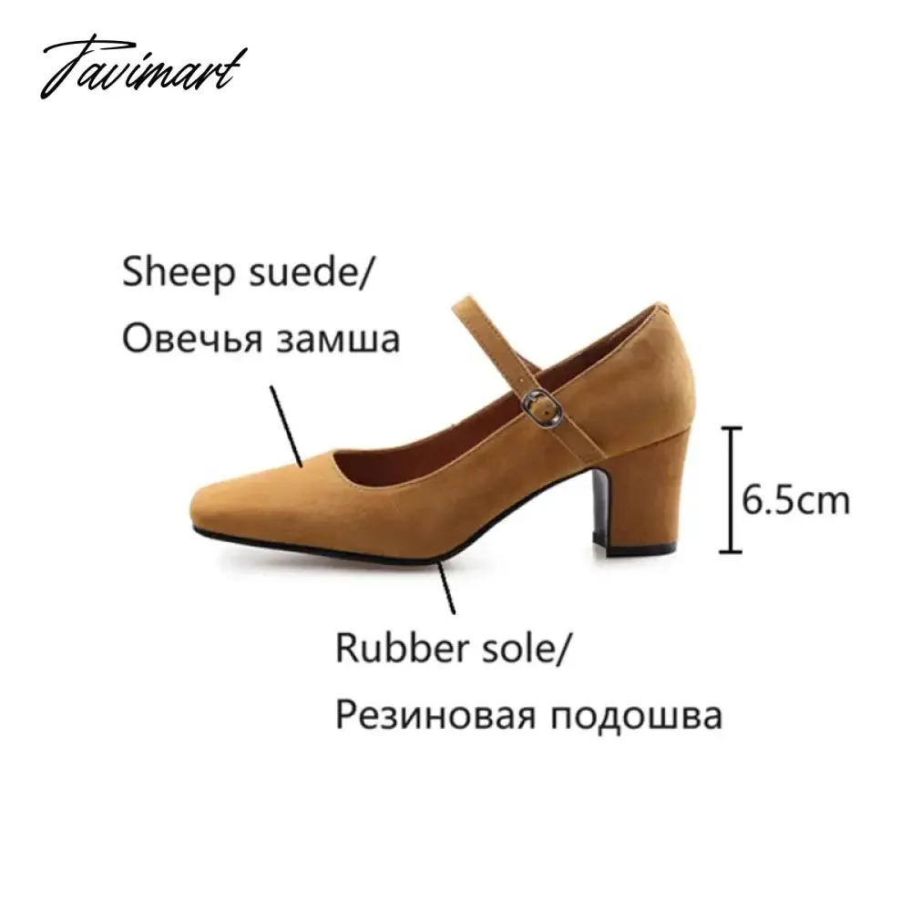 TAVIMART  NEW Spring/Autumn Women Pumps Sheep Suede Leather Shoes for Women Square Toe Chunky Heel Women Shoes Black High Heel Mary Janes