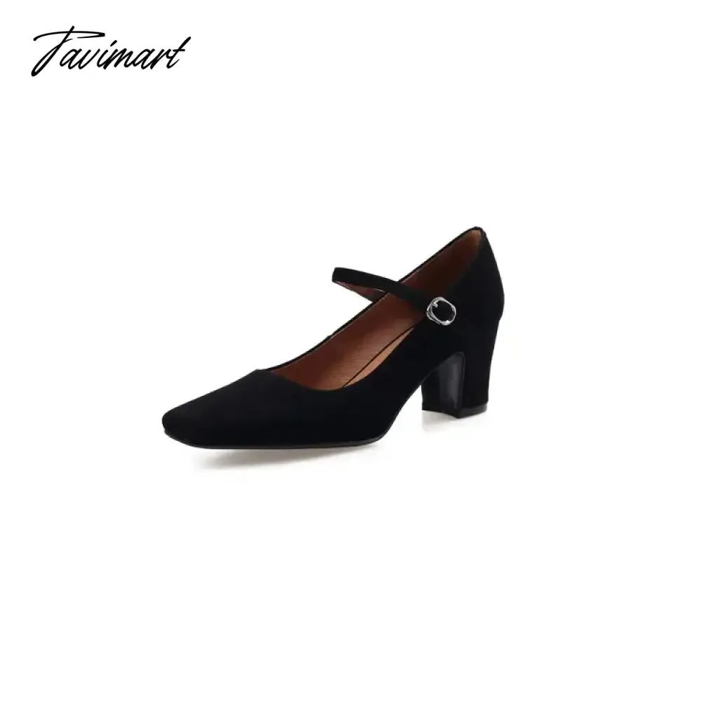 TAVIMART  NEW Spring/Autumn Women Pumps Sheep Suede Leather Shoes for Women Square Toe Chunky Heel Women Shoes Black High Heel Mary Janes