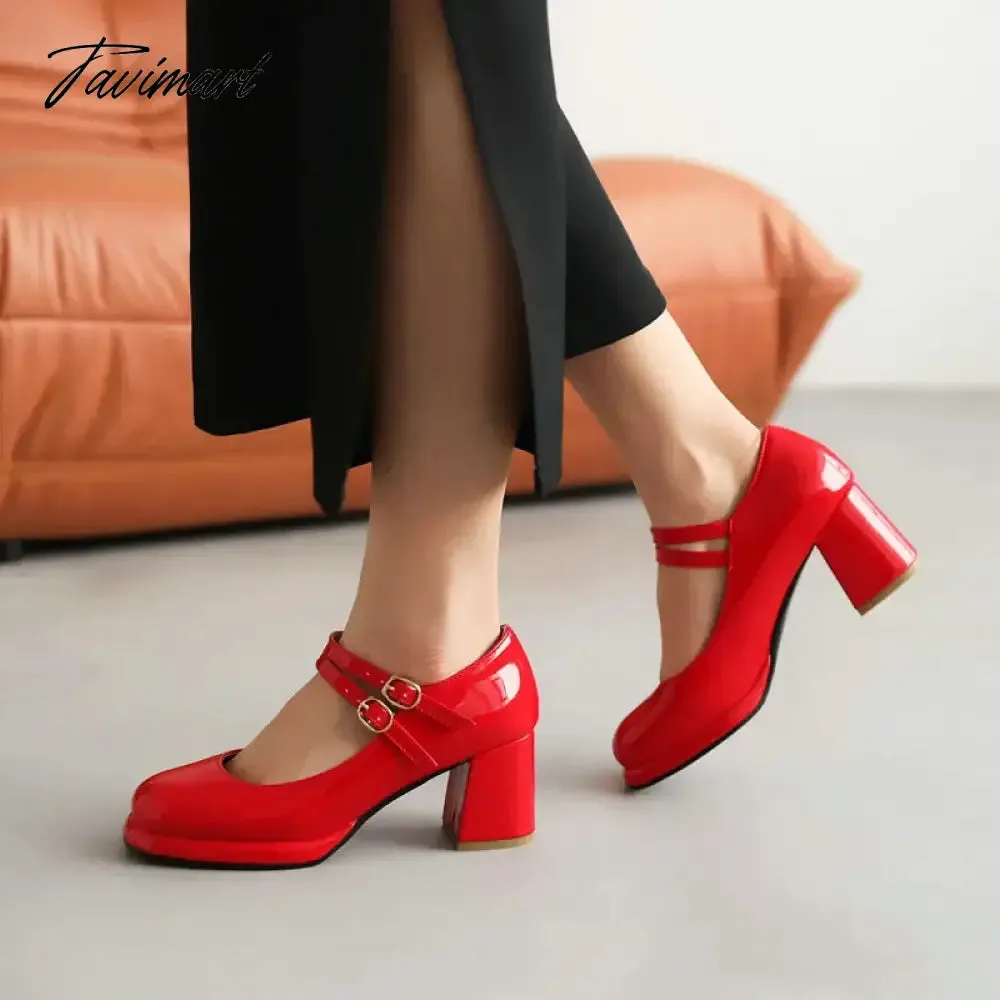 Tavimart PU Patent Leather Navy Blue Red Color Mature Ladies Pumps Double Buckle Strap Designer Women Heeled Platform Mary Janes Heels