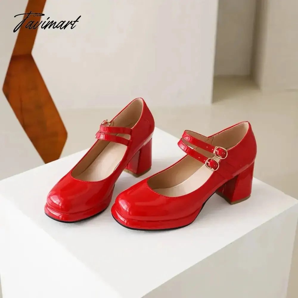 Tavimart PU Patent Leather Navy Blue Red Color Mature Ladies Pumps Double Buckle Strap Designer Women Heeled Platform Mary Janes Heels