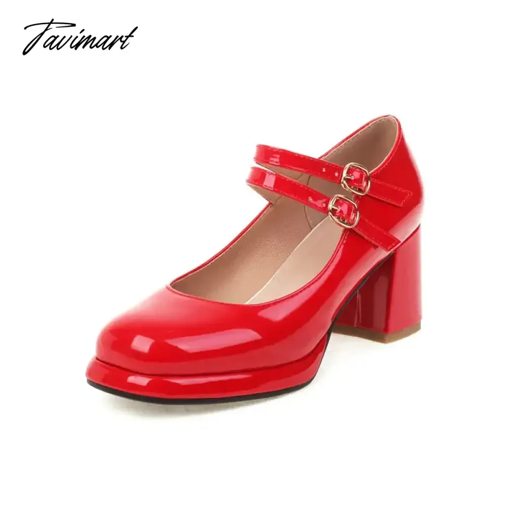 Tavimart PU Patent Leather Navy Blue Red Color Mature Ladies Pumps Double Buckle Strap Designer Women Heeled Platform Mary Janes Heels