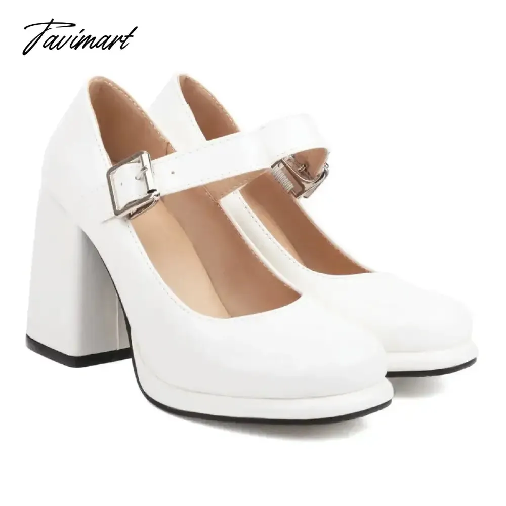 Tavimart PU Patent Leather Solid Black White Closed Toe Women's Shoes Wide Buckle Strap Chunky High Heels For Woman Mary Janes Bride Shoe