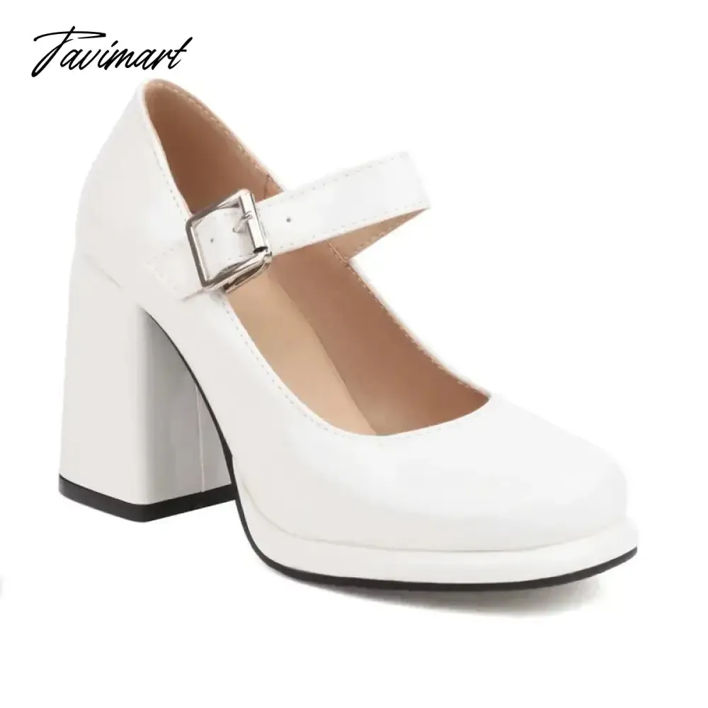 Tavimart PU Patent Leather Solid Black White Closed Toe Women's Shoes Wide Buckle Strap Chunky High Heels For Woman Mary Janes Bride Shoe