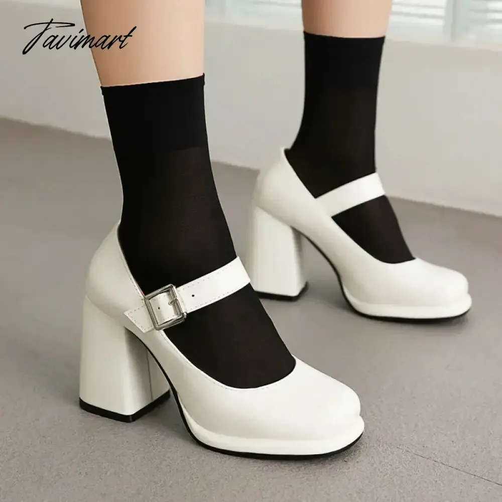 Tavimart PU Patent Leather Solid Black White Closed Toe Women's Shoes Wide Buckle Strap Chunky High Heels For Woman Mary Janes Bride Shoe