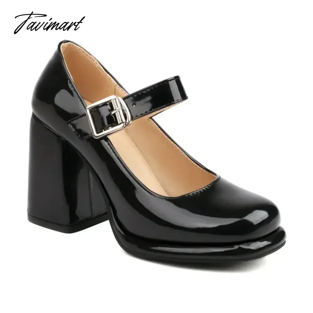 Tavimart PU Patent Leather Solid Black White Closed Toe Women's Shoes Wide Buckle Strap Chunky High Heels For Woman Mary Janes Bride Shoe