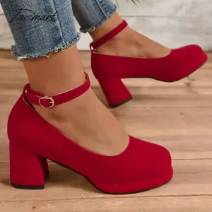 Tavimart Retro Lady Spring Pumps Velour Velvet Red Black Round Toe Platform Mary Janes Shoes Women Big Size 46 47 48 Square Chunky Heels