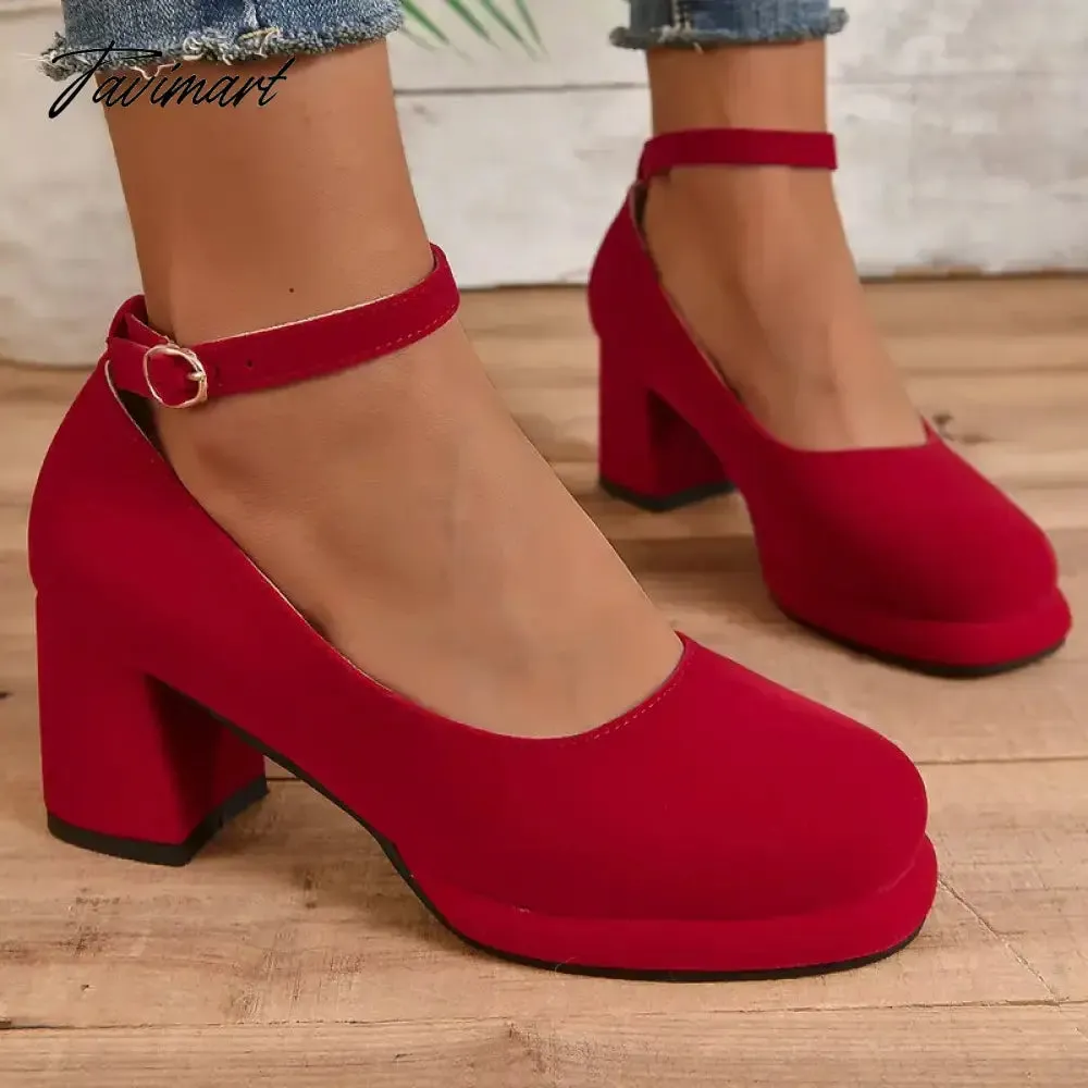 Tavimart Retro Lady Spring Pumps Velour Velvet Red Black Round Toe Platform Mary Janes Shoes Women Big Size 46 47 48 Square Chunky Heels