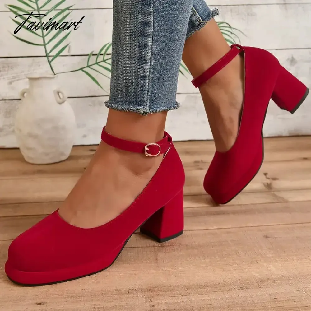 Tavimart Retro Lady Spring Pumps Velour Velvet Red Black Round Toe Platform Mary Janes Shoes Women Big Size 46 47 48 Square Chunky Heels