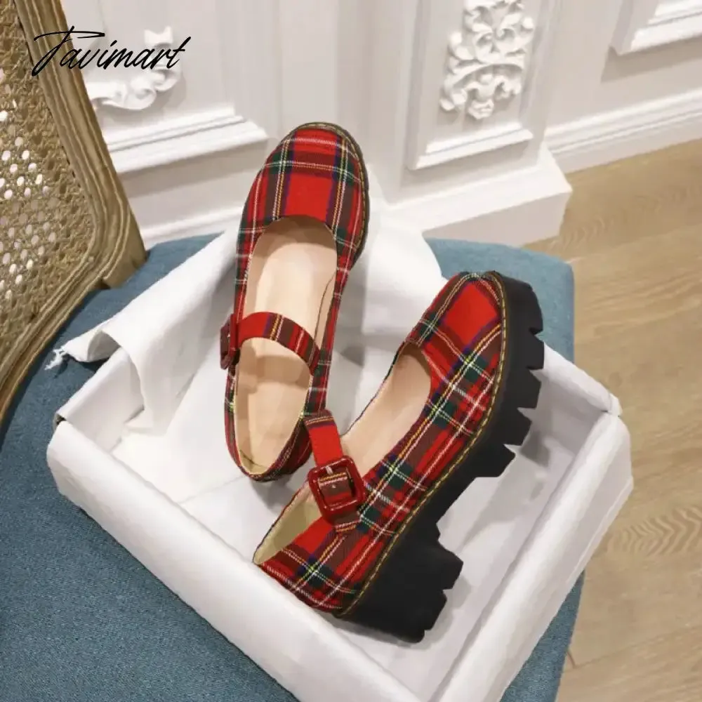 Tavimart Sianie Tianie Japanese Style Students Girls Shoes Scotland Plaid Checker Round Toe Retro Ladies Pumps Chunky Heels Mary Janes