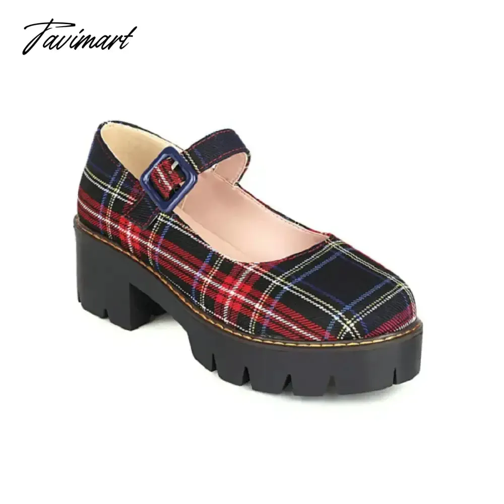 Tavimart Sianie Tianie Japanese Style Students Girls Shoes Scotland Plaid Checker Round Toe Retro Ladies Pumps Chunky Heels Mary Janes