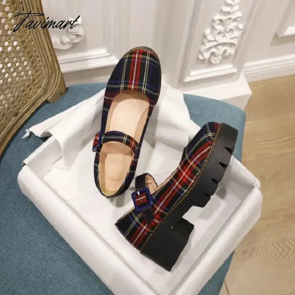 Tavimart Sianie Tianie Japanese Style Students Girls Shoes Scotland Plaid Checker Round Toe Retro Ladies Pumps Chunky Heels Mary Janes