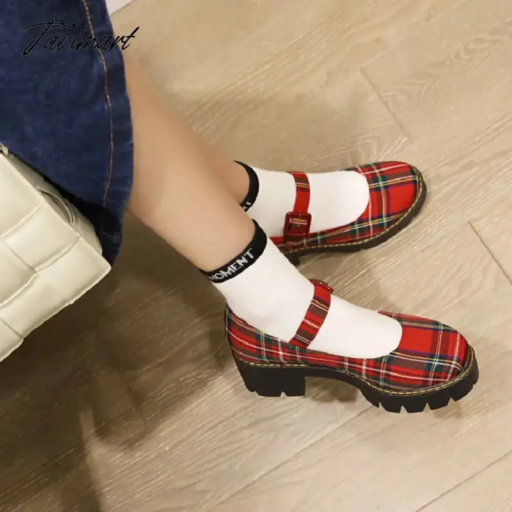 Tavimart Sianie Tianie Japanese Style Students Girls Shoes Scotland Plaid Checker Round Toe Retro Ladies Pumps Chunky Heels Mary Janes