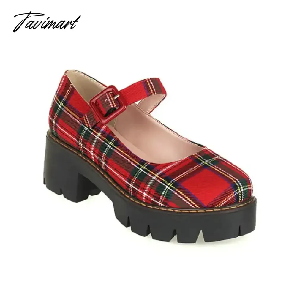 Tavimart Sianie Tianie Japanese Style Students Girls Shoes Scotland Plaid Checker Round Toe Retro Ladies Pumps Chunky Heels Mary Janes