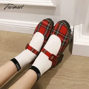 Tavimart Sianie Tianie Japanese Style Students Girls Shoes Scotland Plaid Checker Round Toe Retro Ladies Pumps Chunky Heels Mary Janes