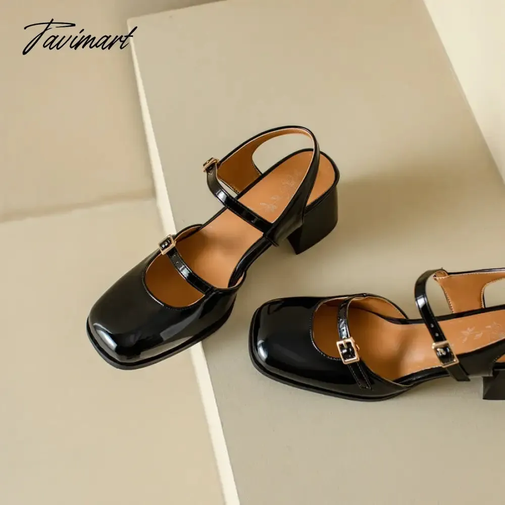 TAVIMART  -  Spring Summer New Women Sandals Square Toe Buckle Chunky Pumps Patent Leather High Heels Mary Janes Ladies Party Slingback Shoes