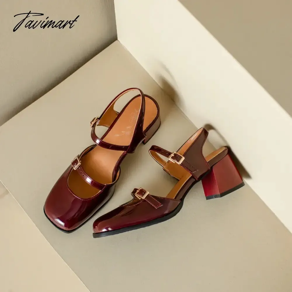 TAVIMART  -  Spring Summer New Women Sandals Square Toe Buckle Chunky Pumps Patent Leather High Heels Mary Janes Ladies Party Slingback Shoes