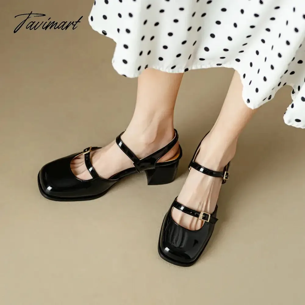 TAVIMART  -  Spring Summer New Women Sandals Square Toe Buckle Chunky Pumps Patent Leather High Heels Mary Janes Ladies Party Slingback Shoes