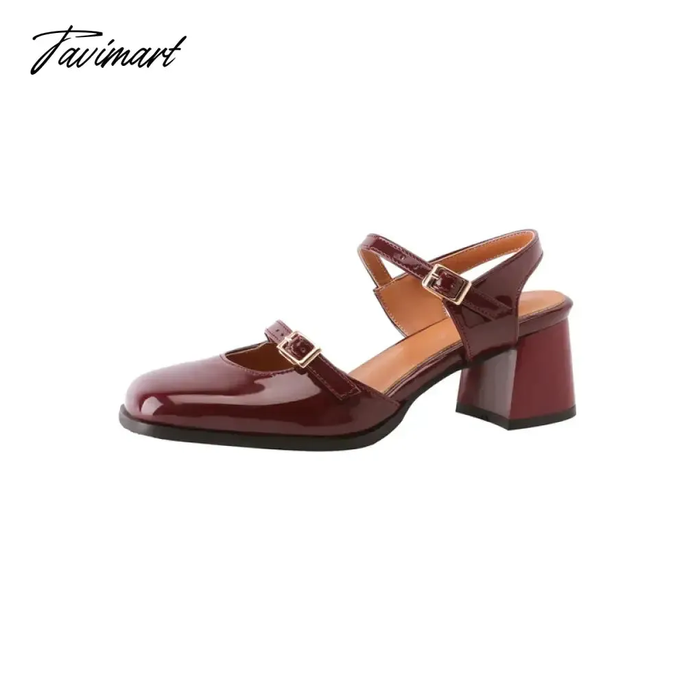 TAVIMART  -  Spring Summer New Women Sandals Square Toe Buckle Chunky Pumps Patent Leather High Heels Mary Janes Ladies Party Slingback Shoes