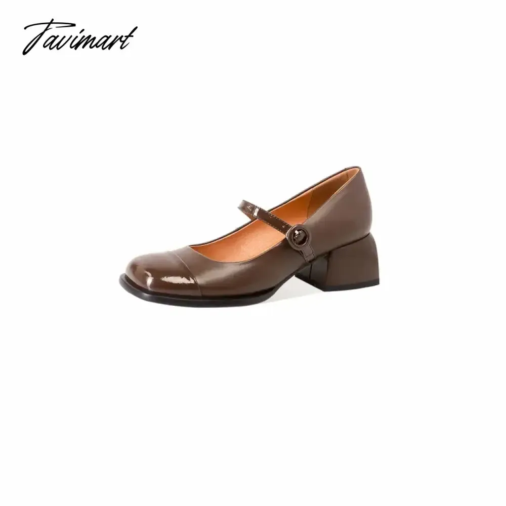 Tavimart Spring/Autumn Women Pumps Square Toe Chunky Heel Shoes for Women Split Leather Mixed Colors Mary Janes Retro Shoes Women