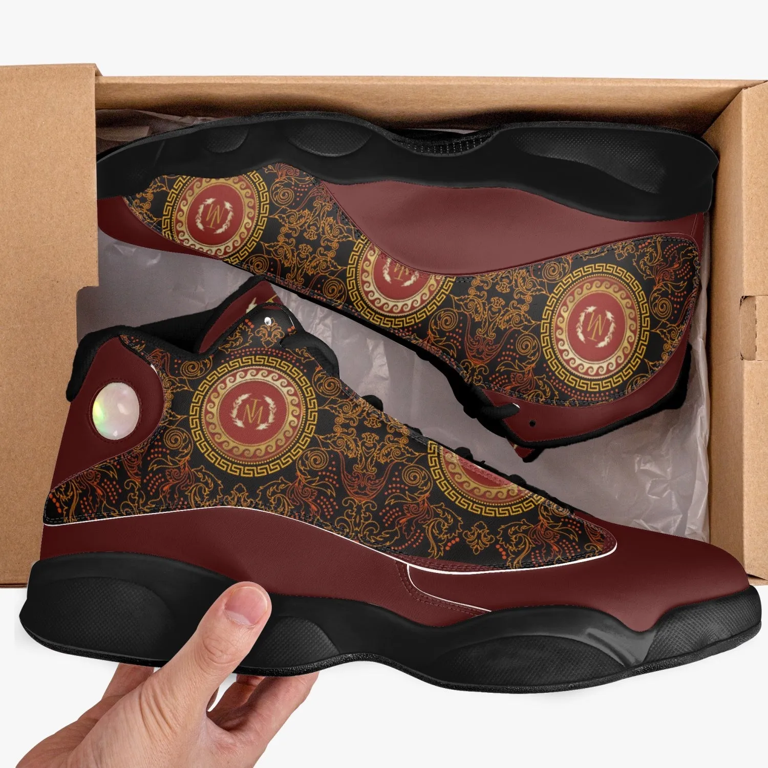 TM Greca Burgundy. Black Sole High-Top Leather Basketball Sneakers (J-Edition)