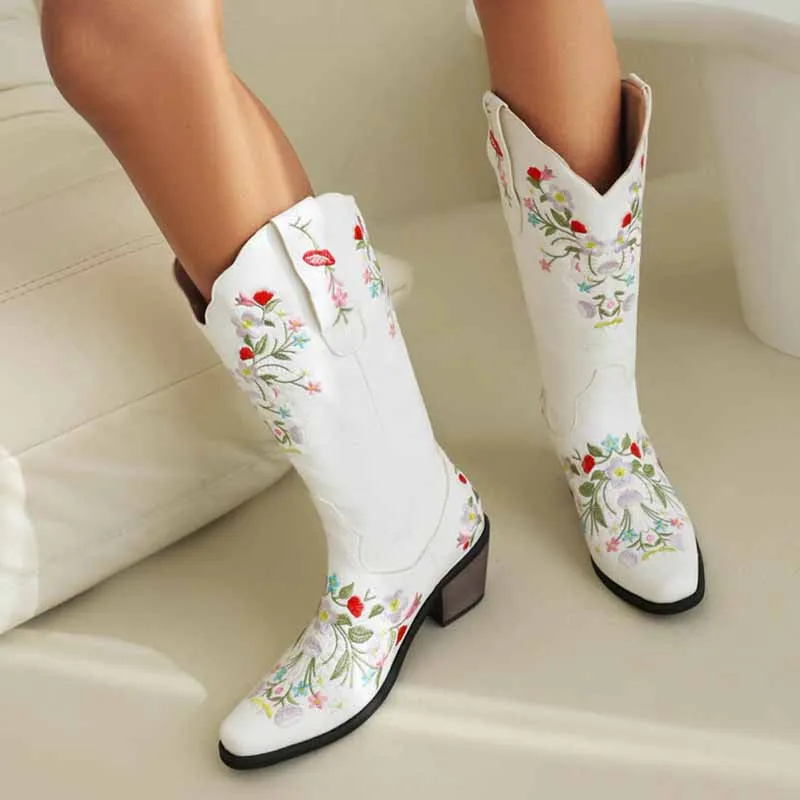 White Cowboy Embroidery Boots for Women Chunky Knee High Cowgirl Boots