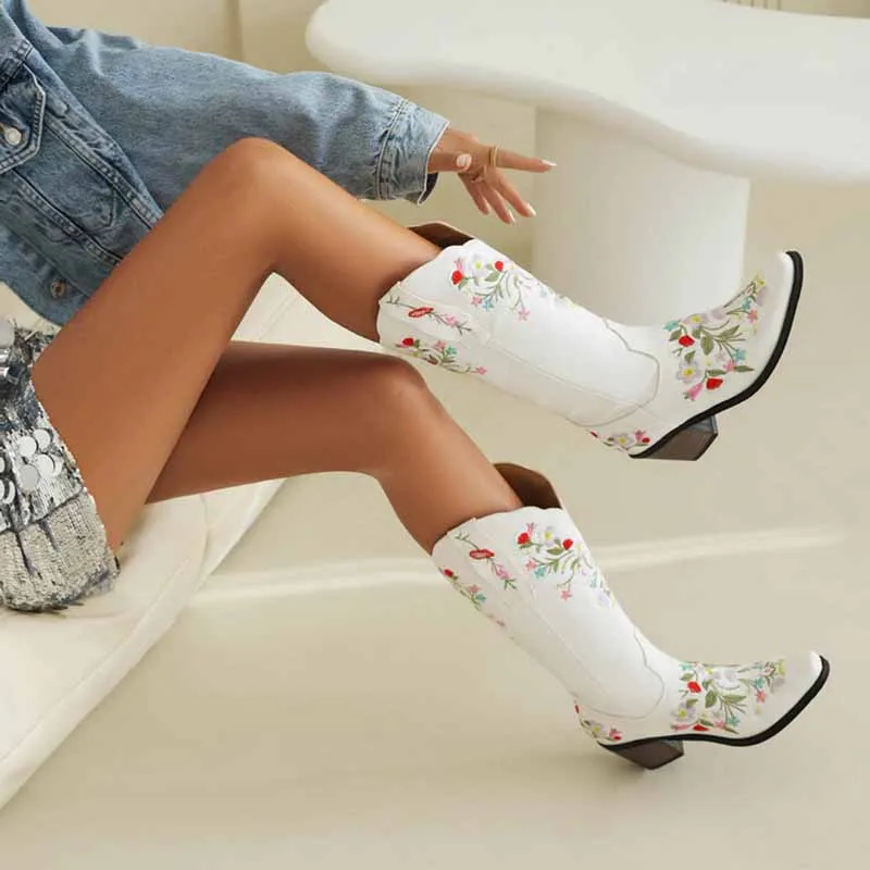 White Cowboy Embroidery Boots for Women Chunky Knee High Cowgirl Boots