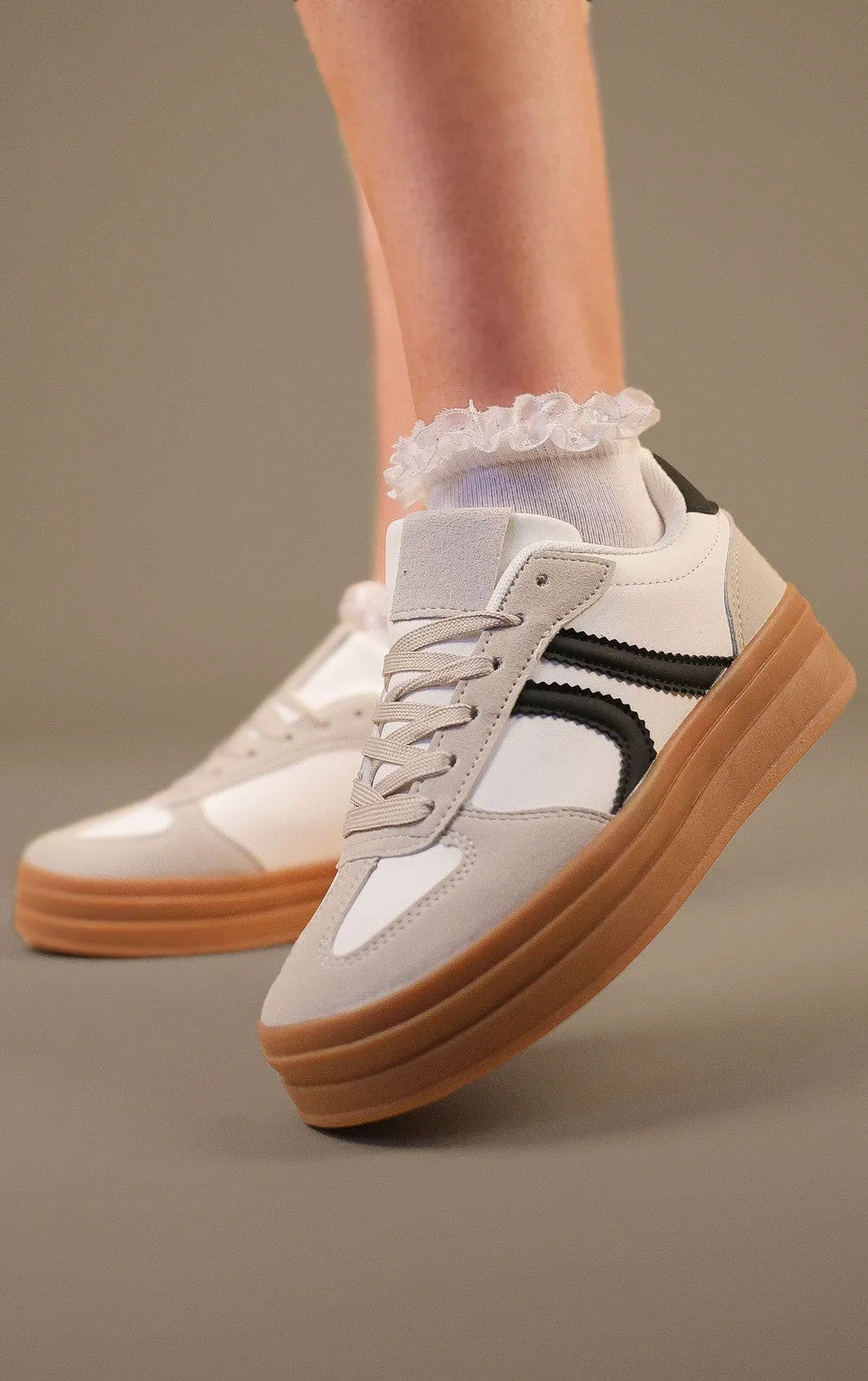 White Faux Suede Side Stripe Platform Trainers