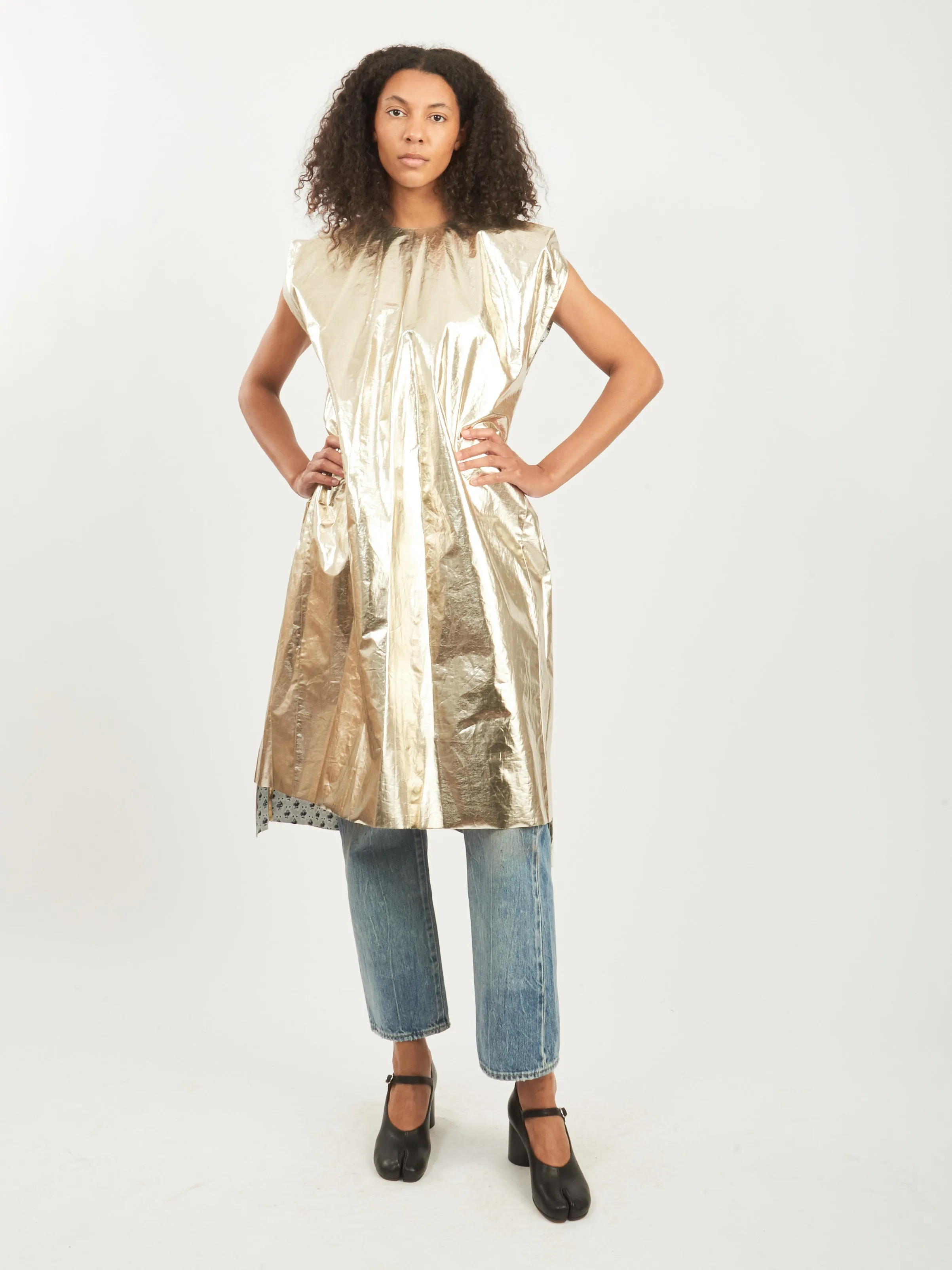 White Gold Light Foil Old Owlish Floral-Patterned Paper Bag Dress