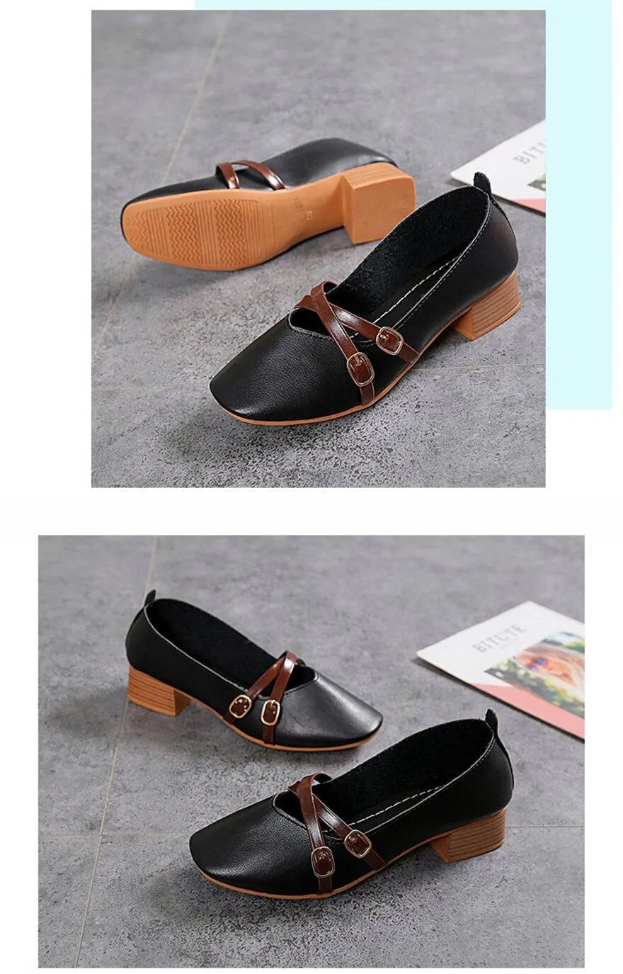 Wjczt Casual Women Shoes 2022 New Fashion Belt Buckle Shallow Woman Pumps Square Toe Soft Leather Med Heels Work Ladies Pregnant Shoes