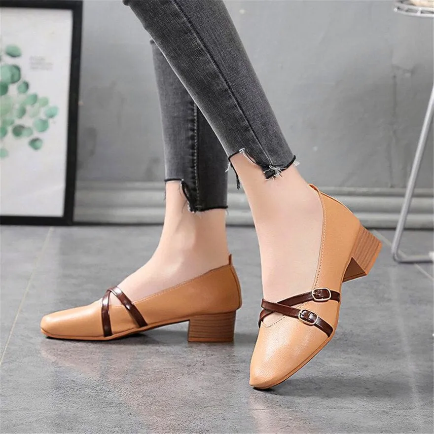 Wjczt Casual Women Shoes 2022 New Fashion Belt Buckle Shallow Woman Pumps Square Toe Soft Leather Med Heels Work Ladies Pregnant Shoes